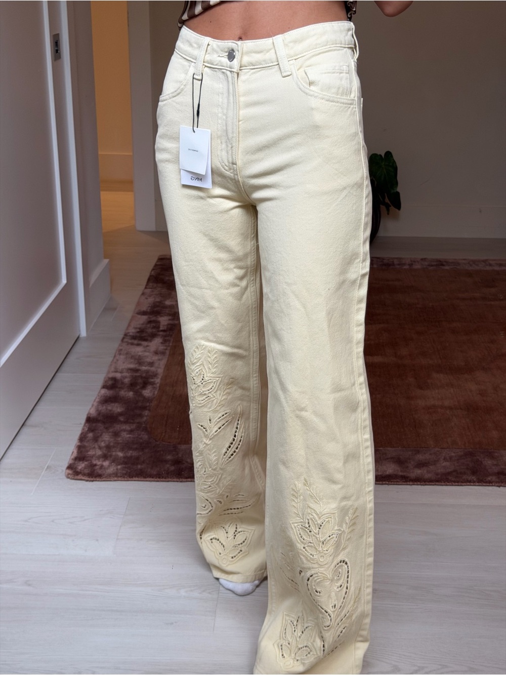 Mango Women's Cream Embroidered Wide-Leg Jeans